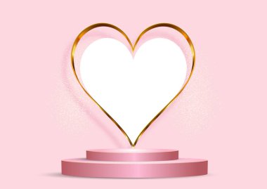 Sevgililer Günü arka planında altın bir kalp ve podyum tasarımı sergiliyor
