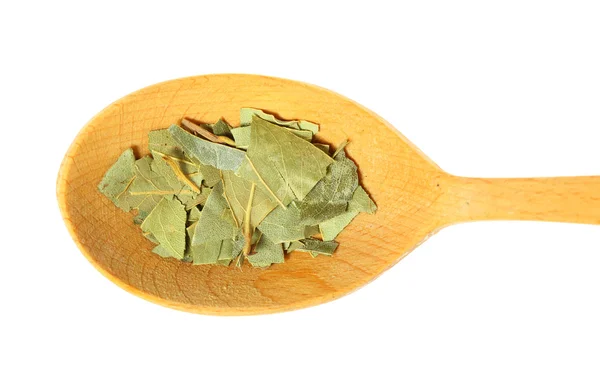 Hoja de laurel sobre una cuchara de madera. aislado sobre un fondo blanco —  Fotos de Stock