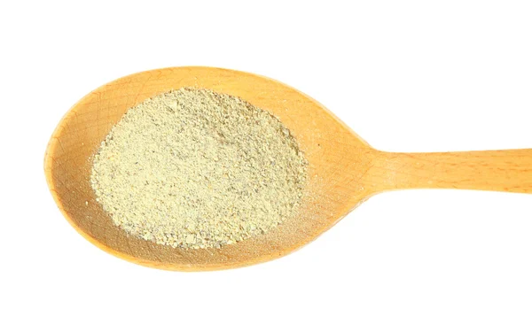 White pepper powder on a wooden spoon isolated on white backgrou — Stock Photo, Image