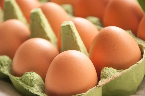 Eggs in green cartone diagonal perspective — Stock Photo, Image