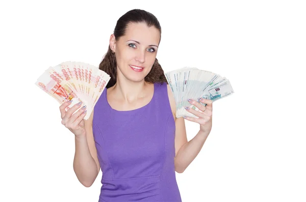 Hermosa, joven, alegre mujer sosteniendo un gran número de banknot — Foto de Stock