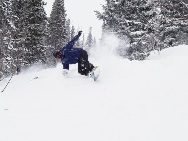 Karlı bir ormandaki Snowboarder