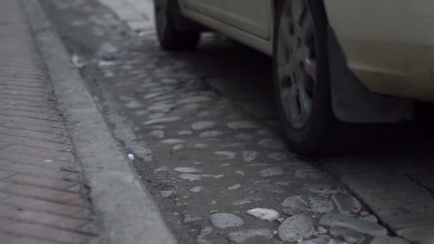 Autos mit Kopfsteinpflaster und Pflastersteinpflaster fahren im niedrigen Winkel vorbei — Stockvideo