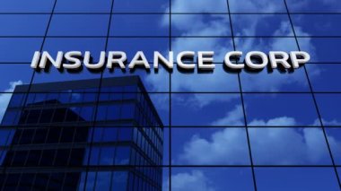 Sigorta temalı bir gökdelen ofis binası ve zaman ayarlı bulutlar 3 boyutlu bir animasyon..