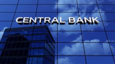 Genel merkez bankası parasal otorite temalı bir gökdelen ofis binası ve 3D animasyon olarak zaman bulutları.