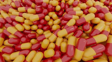 Düşük açı, ilaç endüstrisi tarafından üretilen ve sağlık sektöründe hastalık ve hastalıkların tedavisinde kullanılan ilaç veya kapsüllerin 3 boyutlu animasyonunu yakın plan çektir..