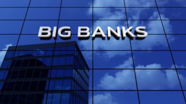 Geniş bankalar finans hizmetleri temalı bir gökdelen ofis binası ve 3D animasyon olarak zaman bulutları.