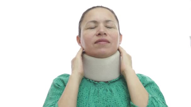 Woman With Neck Brace In Pain — Stock Video