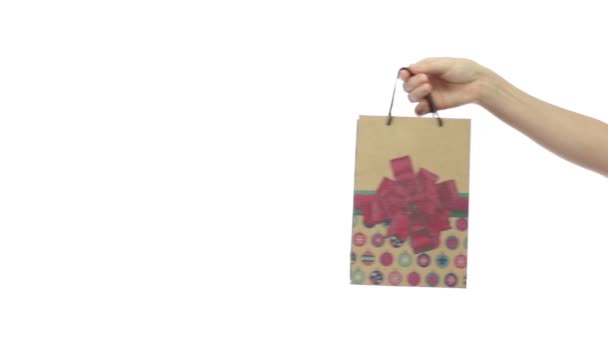Dar un regalo bolsa decorada con arco de Navidad — Vídeo de stock