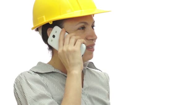 Mujer Hardhat teléfono esperar poco bit — Vídeo de stock