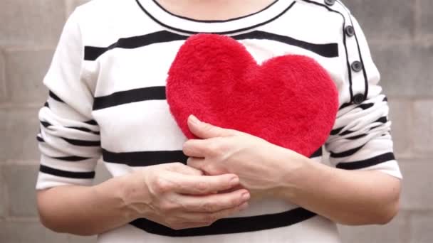 Kobieta trzyma czerwony rozmyty serca — Wideo stockowe