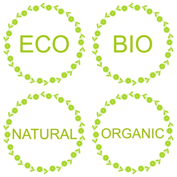 Set di etichette e badge con foglie per prodotti biologici, naturali, biologici ed ecologici — Vettoriale Stock