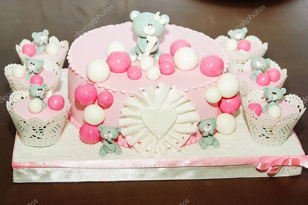Beautiful birthday cake for baby girl. Selective focus