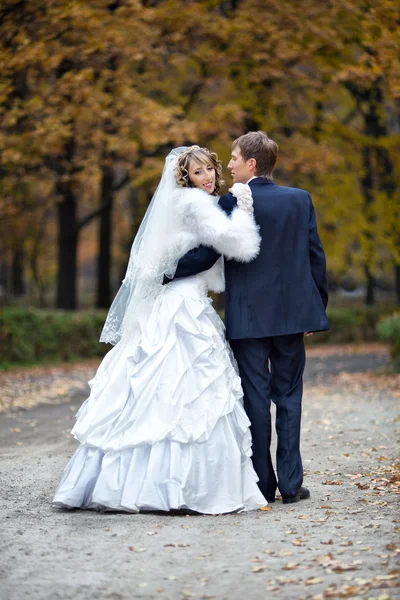 Groom and bride in autumn  day — Stock Photo, Image