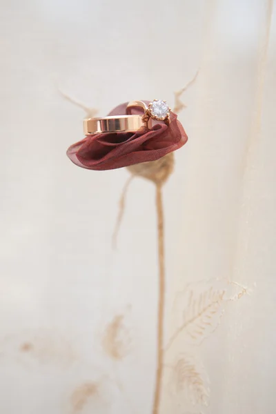 Anneaux de mariage reposent sur un tissu rose — Photo