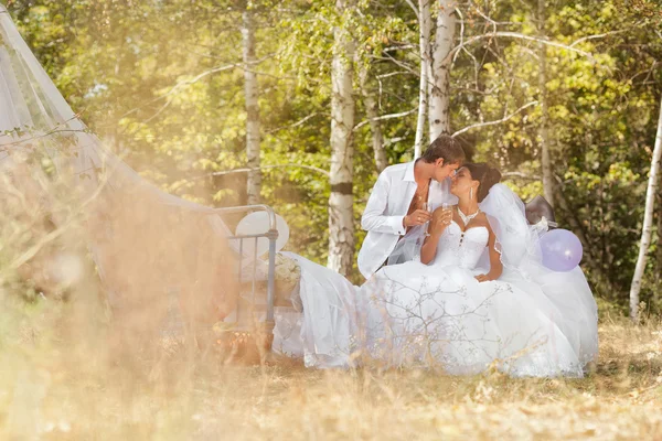 O noivo e a noiva na floresta em uma cama — Fotografia de Stock