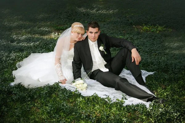 Bride and  groom sit on a green grass — Stock Photo, Image