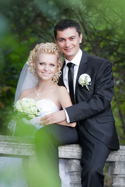 Couple in love bride and groom together in bridal summer day enjoy a moment of happiness and love — Stock Photo, Image