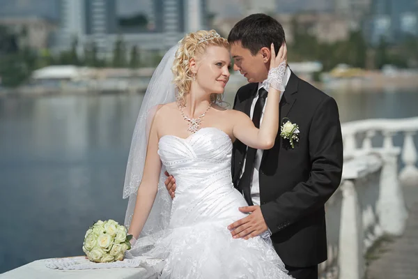 Couple in love bride and groom together in bridal summer day enjoy a moment of happiness and love — Stock Photo, Image