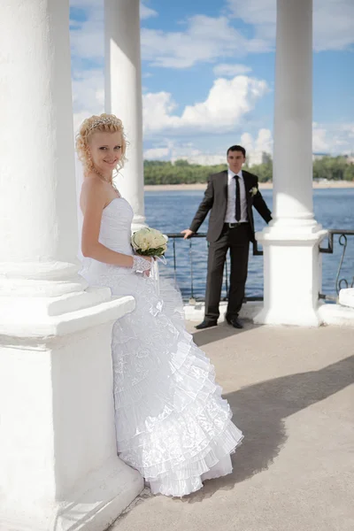 Couple in love bride and groom together in bridal summer day enjoy a moment of happiness and love — Stock Photo, Image