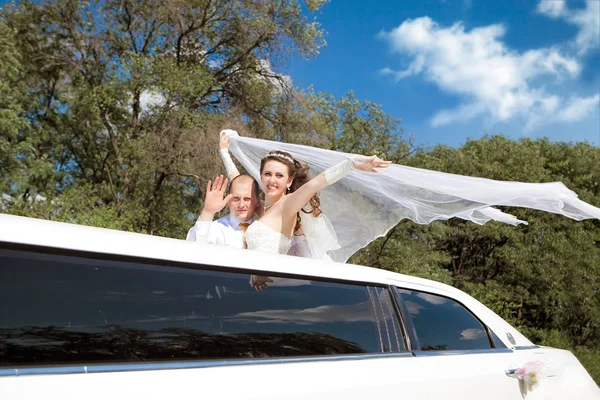 Жених и невеста стоят в лимузине и машут руками — стоковое фото