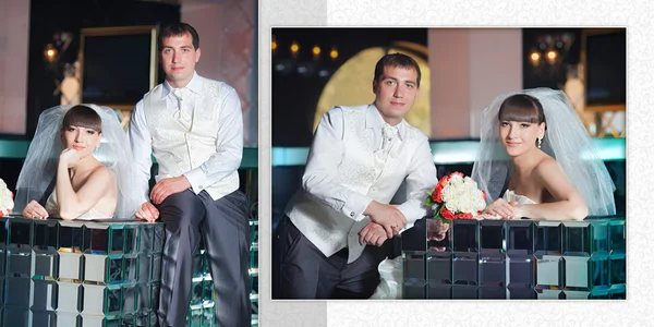 Beautiful young bride and groom are next to bar — Stock Photo, Image