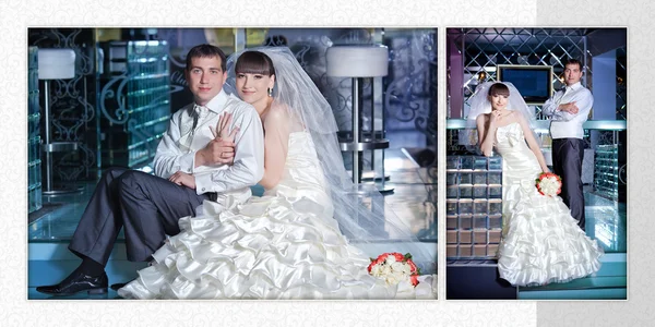 Beautiful young bride and groom are next to bar — Stock Photo, Image