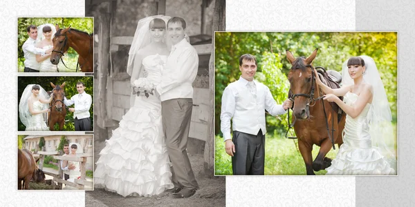 Novio y la novia durante el paseo en el día de su boda contra un caballo — Foto de Stock