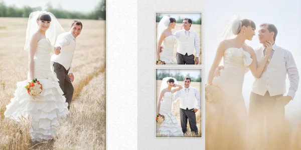 Novio y la novia en el campo de trigo en el día de su boda —  Fotos de Stock