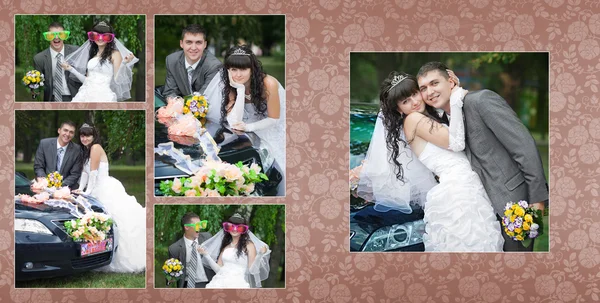 Brudgummen med bruden nära bröllop bilen — Stockfoto