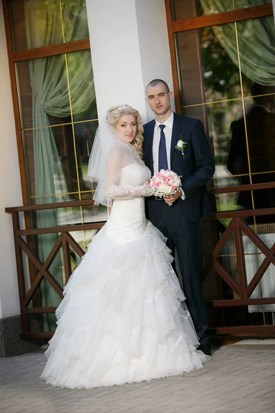 Sposo e sposo vicino a edificio di vetro — Foto Stock