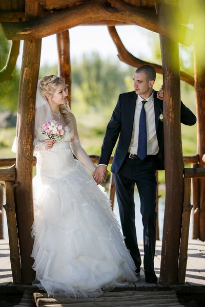 Novio y la novia durante el paseo en el día de su boda — Foto de Stock