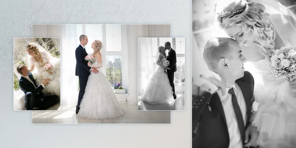 Happy brudgummen och bruden sitter på ett fönster — Stockfoto