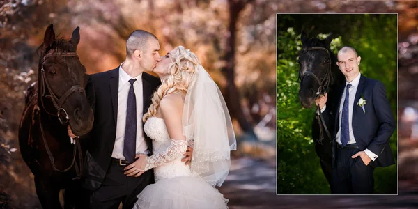 Novio y la novia durante el paseo en el día de su boda contra un caballo negro — Foto de Stock