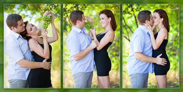 Loving couple playfully eating grapes — Stock Photo, Image