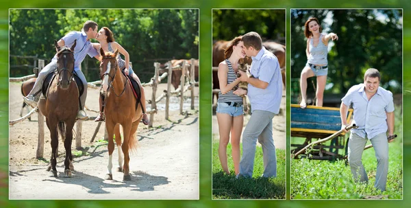 Alegre pareja amorosa a pie con caballos marrones — Foto de Stock