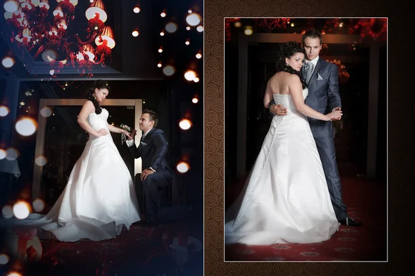 Happy bride and groom on the wedding walk in the modern hotel hall — Stock Photo, Image