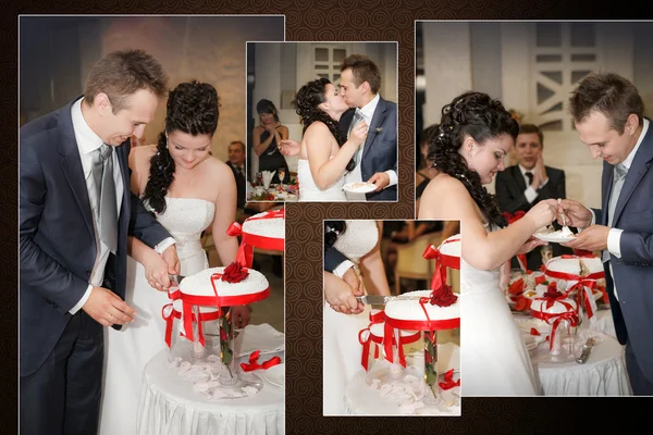 Novia y novio cortando el pastel de bodas — Foto de Stock