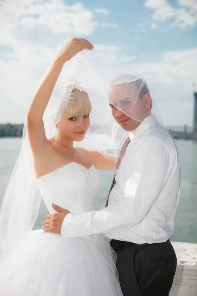 Brudgummen och bruden i deras bröllopsdag — Stockfoto