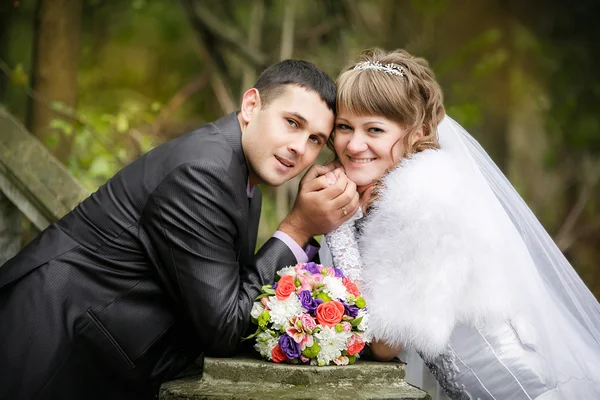 Bride and groom in the autumn park — Stock Photo, Image