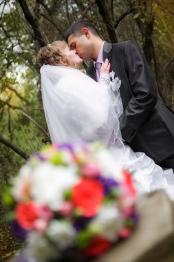 Gelin ve damat sonbahar parkta öpücük