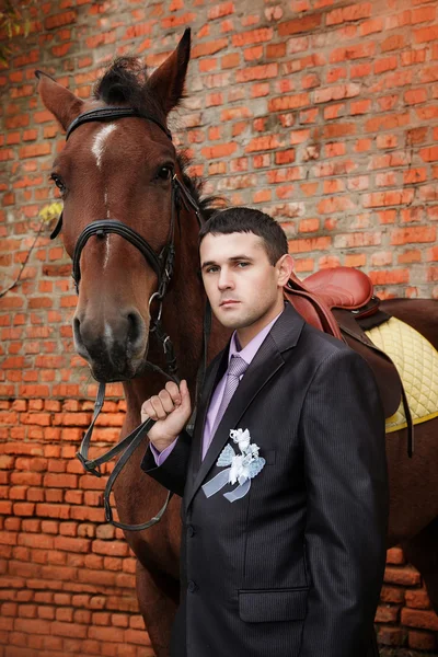 Novio durante el paseo en el día de su boda contra un caballo marrón y la pared de ladrillo viejo — Foto de Stock
