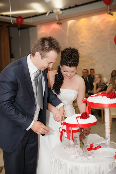 Sposa e sposo taglio la torta nuziale — Foto Stock