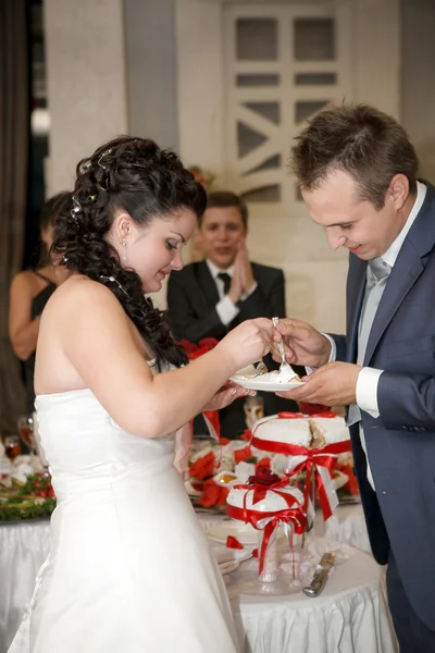 Beautiful young bride feeding wedding cake to groom — Stock Photo, Image