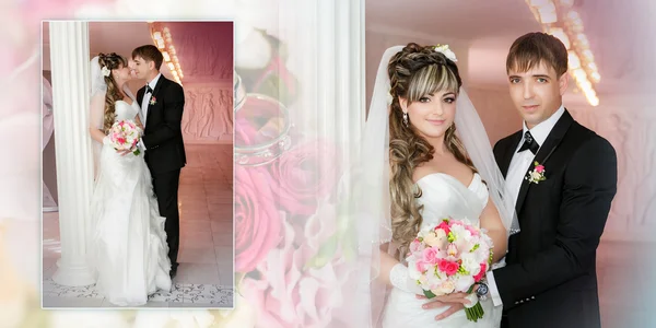 O noivo e a noiva com um suporte de buquê de casamento perto de uma coluna branca — Fotografia de Stock