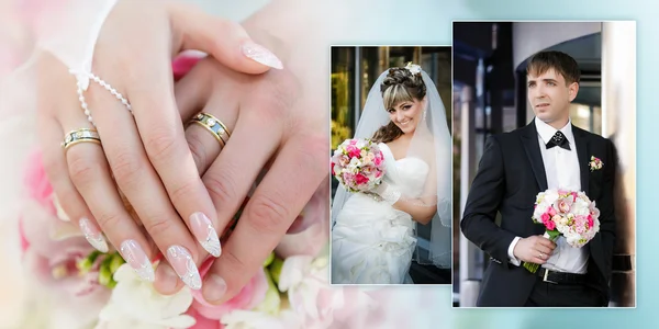 Портрет жениха и невесты со свадебным букетом и руками с кольцами вблизи — стоковое фото