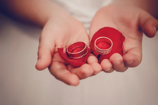 Gli anelli nuziali si trovano su palme da bambini con petali di rose — Foto Stock