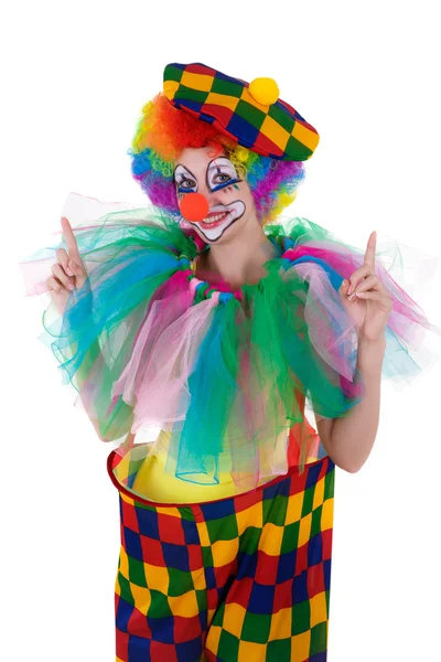 Funny clown pointing happily upward onto copy space — Stock Photo, Image