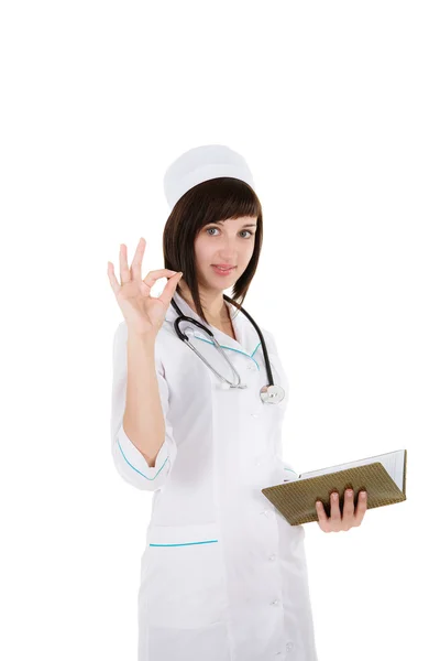 Kadın doktor ok gösterilen — Stok fotoğraf