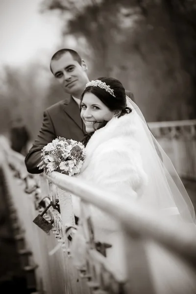 Portrait of happy groom and the prettybride in autumn park — Stock Photo, Image